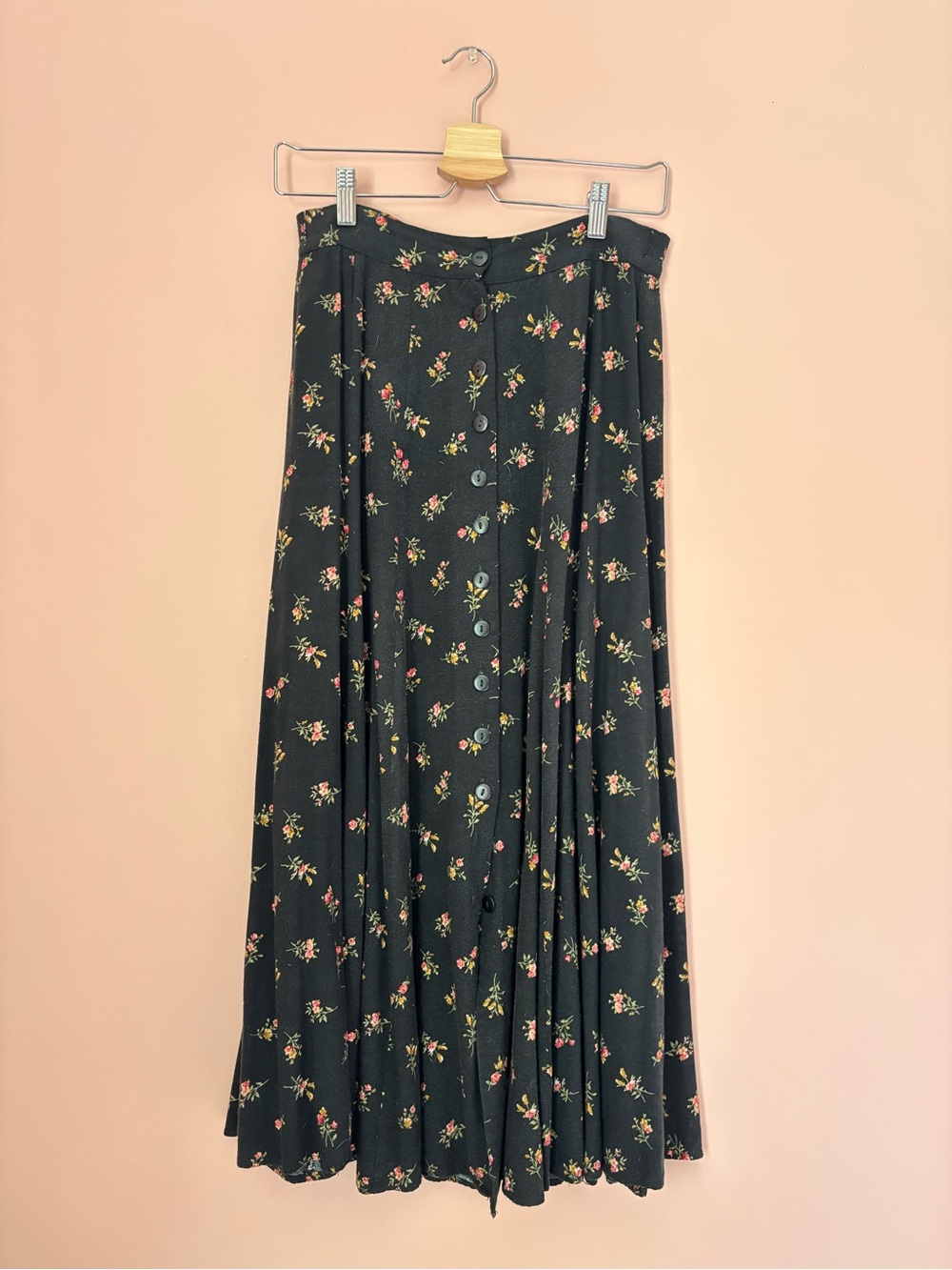 90s Black Floral Button-Front Maxi Skirt